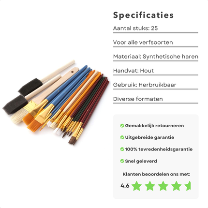 Cheqo® Verfkwasten Set 25 Stuks - Kwastenset - Schilderen - Houten Handvat - Voor Acrylverf en Olieverf - Kunstschilders Kwasten