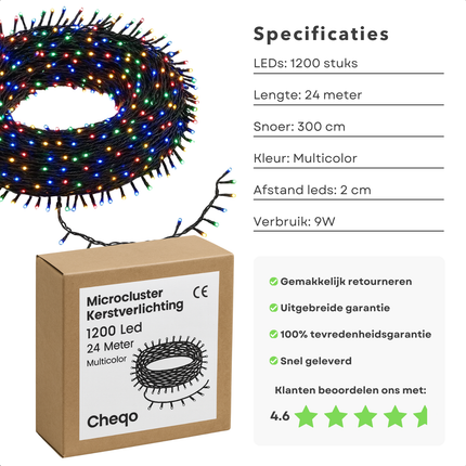 Cheqo® Micro Cluster Kerstverlichting - Kerstlampjes - Kerstboomverlichting - 1200 LED Lampjes - 24 Meter Lichtsnoer - Multicolor LED - Kerstverlichting Binnen en Buiten - 8 Lichtfuncties met Geheugen - Geschikt voor Kerstboom - Multicolor