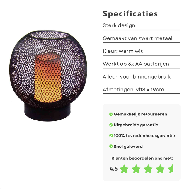 Luxe zwart metalen tafellamp Cheqo® met warm wit licht, geschikt voor binnenhuis, werkt op 3x AA batterijen.
