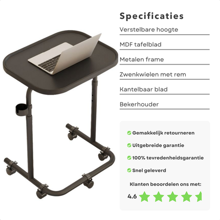 Cheqo® Verstelbare Bijzettafel Op Wieltjes - Banktafel - Koffietafel - Sidetable - Laptoptafel - Laptop Tafel - Bijzet Tafel - Zwart MDF - Kantelbaar