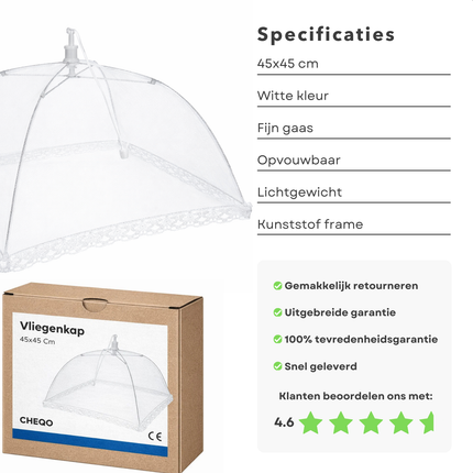 Cheqo® Vliegenkap - Voedselkap - Voedselkapje - Voedselafdekking - Voedselhoes - Eten Afdekken - Afdeknet - Afdekkap - Insectenkap - Insectennet - Vliegen Net - Vliegenkapje - Vliegenkap Eten - Witte Vliegenkap - Witte Voedselkap