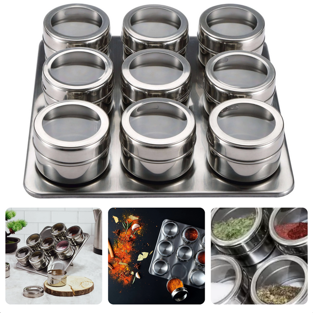 Cheqo® Magnetisch Kruidenrek met RVS Potjes - Kruidenpotjes - 9-delige Set voor Georganiseerde Kruidenopslag - Kruidenorganizer met Strooideksels