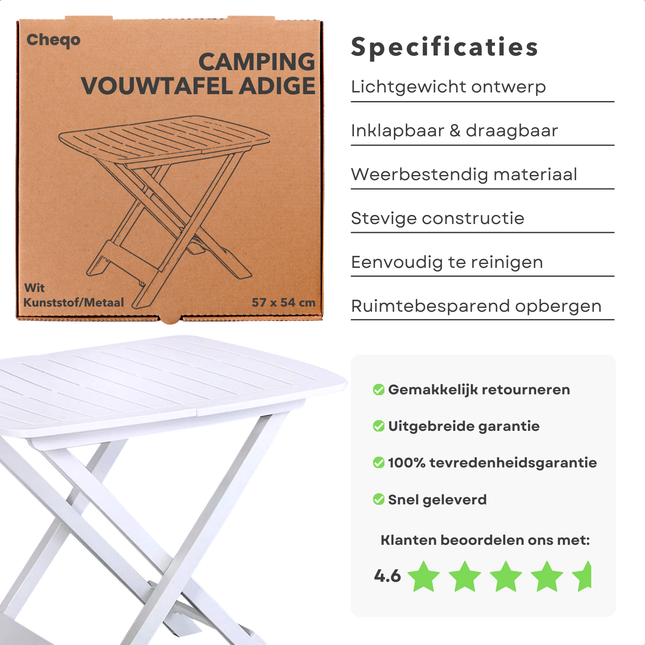 Cheqo® Camping Vouwtafel - Inklapbare Tafel voor Camping - Balkontafel - Klaptafel - Tuintafel Inklapbaar - Lichtgewicht Kunststof - Wit - Ideaal voor Tuin