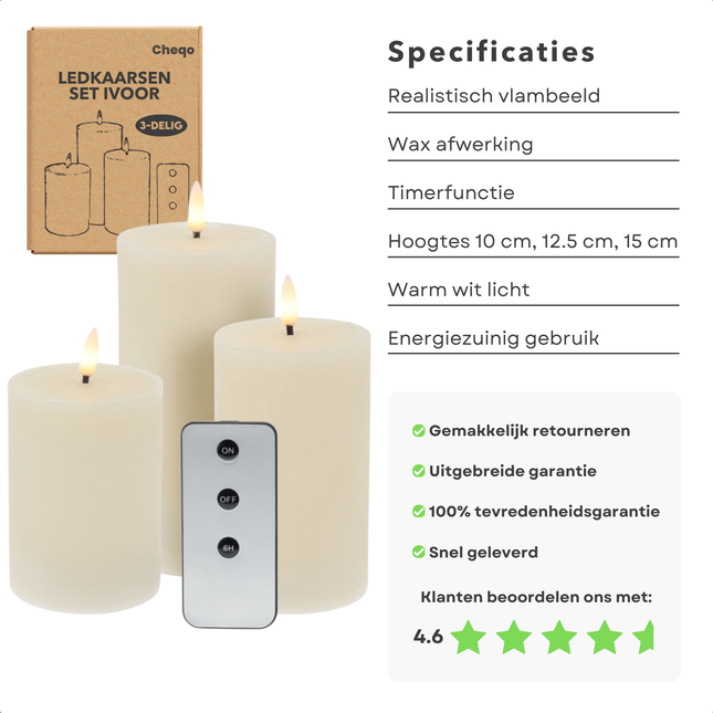 Cheqo® Oplaadbare LED Kaarsen met Bewegende Vlam - 3-Delig - Witte Wax - Met Afstandsbediening en Timer - Nep Kaarsen met Flikkerende Vlam - Dinerkaarsen