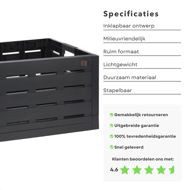 Cheqo® XL Vouwkrat 60L - Inklapbaar & Gerecycled - Antraciet Opbergkrat - Krat - Boodschappenkrat
