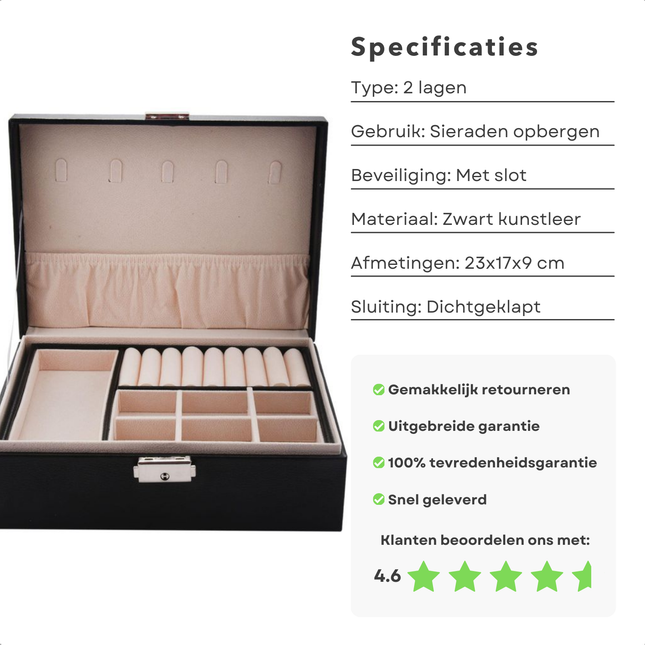 Cheqo® sieradendoos met 2 lagen, zwart kunstleer, 23x17x9 cm, inclusief slot voor veilige sieradenopslag.