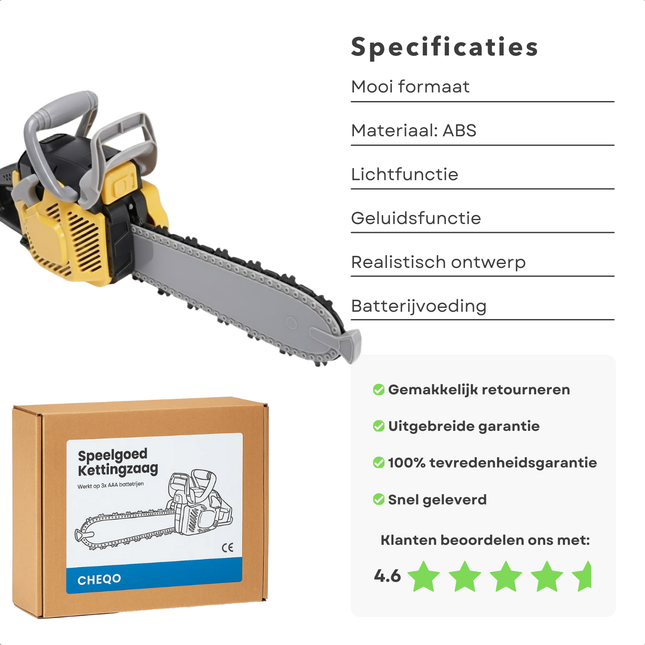 Cheqo® Speelgoed Kettingzaag - Met Licht En Geluid - Werkt Op Batterijen - ABS Materiaal - Speelgoed Gereedschap - Rollenspel Accessoires - Cadeau Voor Kinderen - Speelgoed Zaag - Kettingzaag Speelgoed