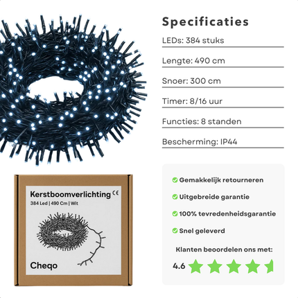Cheqo® Kerstverlichting - Kerstlampjes - Kerstboomverlichting Wit - 384 LED Lampjes - Koel Wit Licht - Binnen en Buiten - IP44 Adapter - Automatische Timer - 8 Lichtfuncties - Geheugenfunctie - Zwart Snoer - Witte Kerstlampjes