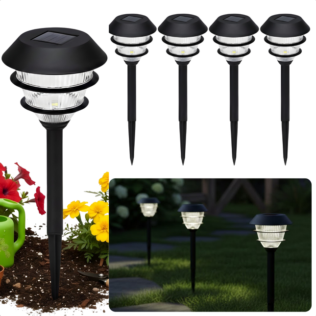 Cheqo® Solar Tuinverlichting - Solar Buitenlamp - Buitenlamp Zonne Energie - Solar Lamp Buiten - Solar Lampen Buiten - Solar Tuinlampen - Solar Priklampen - Solar Tuinverlichting Warm Wit - Zwarte Solar Buitenlamp - Solar Lampen Set 4