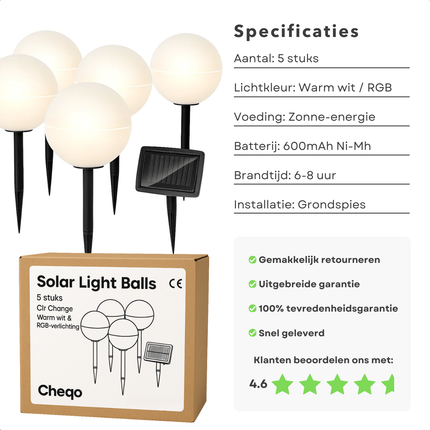 Cheqo® Solar Tuinverlichting - Buitenverlichting Op Zonne-Energie - Sfeerverlichting Tuin - Rgb-Verlichting - Warm Wit Licht - Automatische Inschakeling - Weerbestendig Materiaal - Grondverlichting - Zonnepaneel Inbegrepen - Set Van 5 Lampen