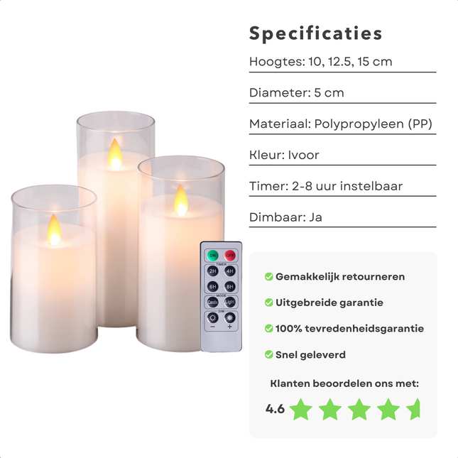 Cheqo® LED Kaarsen Set - Elektrische Kaars - Nep Kaarsen met Flikkerende Vlam - Dinerkaarsen met Bewegende Vlam - Dimbaar met Afstandsbediening - Ivoor Kleur - Batterij Aangedreven