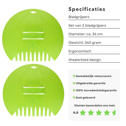 Cheqo® Grote Bladgrijpers - 2 Stuks - met Handvat - Handharken - 36 cm Diameter - Bladhark - Tuinafval - Hoveniersbenodigdheden - Tuin Accessoires - Tuin Opruimen - Groen  - Tuinhark Harken