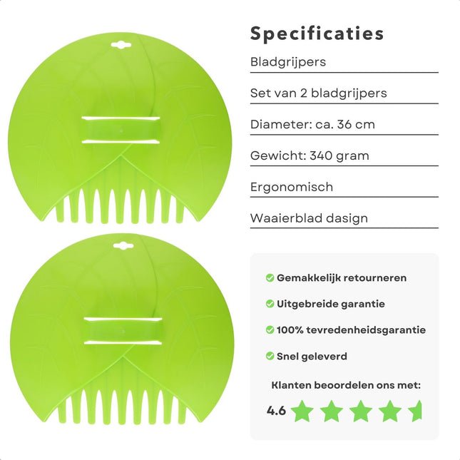 Cheqo® Grote Bladgrijpers - 2 Stuks - met Handvat - Handharken - 36 cm Diameter - Bladhark - Tuinafval - Hoveniersbenodigdheden - Tuin Accessoires - Tuin Opruimen - Groen  - Tuinhark Harken