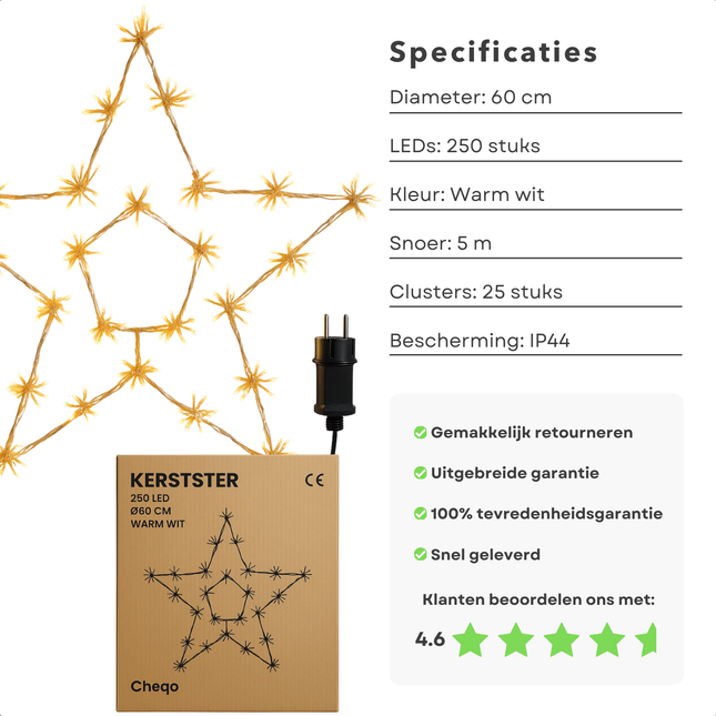 Cheqo® Kerstster 250 Led - Warm Wit Licht - Ø60cm Kerstdecoratie - Binnen En Buiten Gebruik - IP44 Beschermwaarde - Firework Effect Verlichting - 5 Meter Aansluitsnoer - Verlichte Kerstster - Blikvanger Kerstverlichting - Clusterverlichting