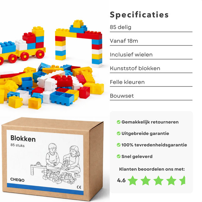 Cheqo® Blokken - Bouwblokken - Bouwstenen - Speelgoed Blokken - Stapelblokken - Baby Blokken - Peuter Blokken - Blokkenset - Blokken 85 Stuks - Blokken Met Wielen - Blokken Trein - Blokken Locomotief - Blokken Wagon - Blokken 18 Maanden