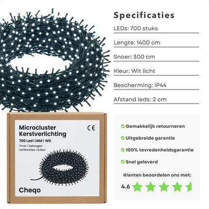Cheqo® Microcluster Kerstverlichting - Kerstlampjes - Kerstboomverlichting - 700 LED Lampjes - 14 Meter Lengte - Wit Licht - Timer Functie - Lichtfuncties - Geheugen Functie - Buitenverlichting Kerst