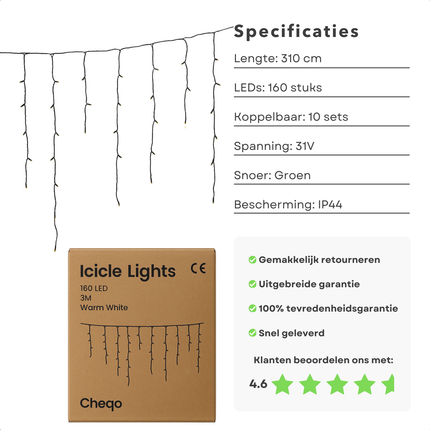Cheqo® IJspegel Verlichting - IJspegelverlichting Buiten - Kerstverlichting Buiten - Extra Warm Wit - 160 LED’s - Koppelbare Verlichting - IP44 Beschermwaarde - Groen Snoer - Verlengset - Binnen En Buiten Geschikt - Lichtgordijn - 31V Koppelbaar