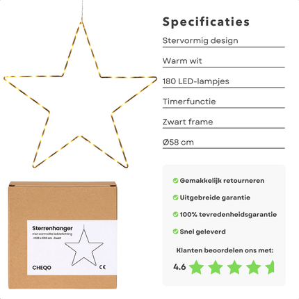 Cheqo® Ster Kerstverlichting - Kerstster - Warm Witte LED - Decoratieve Hangers - Zwarte Metalen Frame - Moderne Stijl - Kerstdecoratie Buiten - LED Lampjes Met Timer - 180 LED Lampjes - Adapter Inbegrepen - Tuinverlichting