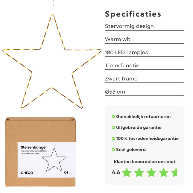 Cheqo® Ster Kerstverlichting - Kerstster - Warm Witte LED - Decoratieve Hangers - Zwarte Metalen Frame - Moderne Stijl - Kerstdecoratie Buiten - LED Lampjes Met Timer - 180 LED Lampjes - Adapter Inbegrepen - Tuinverlichting