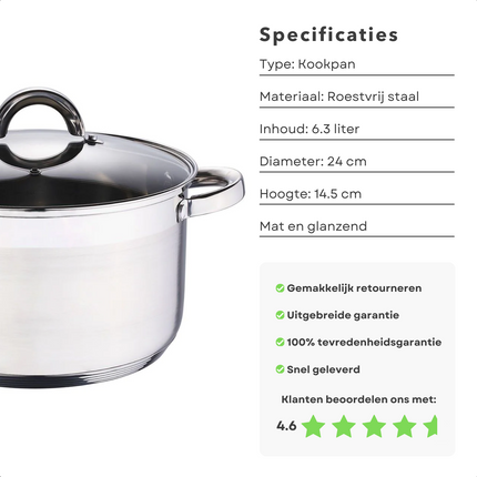 Cheqo® RVS Kookpan - Groot formaat - Geschikt Voor Alle Warmtebronnen - Met Maataanduiding - Vaatwasserbestendig - Ook voor Inductie - Met Glazen Deksel - 6.3 Liter - Diameter 24 cm - Ergonomische Handvaten Kookpannen