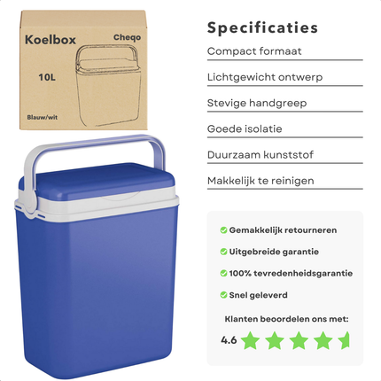 Cheqo® Koelbox - Coolbox - Frigobox - 10L - Blauw-Wit - Draagbaar - Handig Hengsel