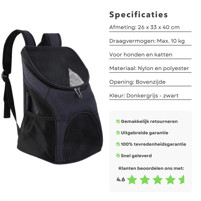 Cheqo® Hondenrugzak - Reistas Kat - Dieren Draagtas - Dierendraagtas - Hondentas - Verstelbare Huisdierdrager - Voor Katten en Honden - 26x33x40 cm - Nylon Polyester