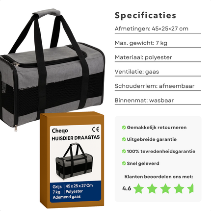Cheqo® Huisdier Draagtas - Kleine Huisdieren - Schouderriem En Handgrepen - Huisdier Tas - Tas voor Huisdieren - Wasbare Mat - Lichtgewicht Ontwerp - Compact Op Te Bergen - Polyester Met Ademend Gaas - Tot 7 kg