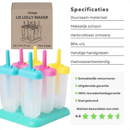 Cheqo® IJsjesmaker Siliconen - Waterijsjes Vormen - Herbruikbare IJsjesvormpjes - Ijsmaker - Zelf Ijsjes Maken - IJslolly - Voor 6 IJsjes - Met Houder