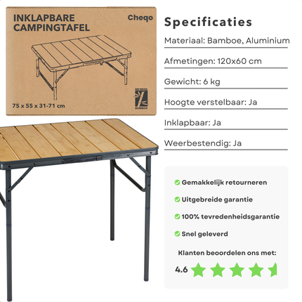 Cheqo® Klapbare Bamboe Campingtafel - Inklapbare Camping Tafel - Balkontafel - Tuintafel - Lichtgewicht en Opvouwbaar - Aluminium Frame
