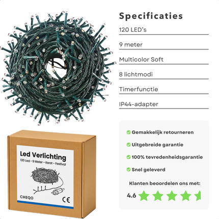 Cheqo® Kerstlampjes - Kerstverlichting - 120 Led - 9 Meter Lengte - LED Verlichting - Kerstboomverlichting - Multicolor Licht - Veelkleurig - 8 Lichtfuncties - Geheugenfunctie - Timer Functie - Binnen En Buiten - IP44