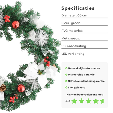 Cheqo® Kerstkrans met Kerstlampjes - LED Verlichting - Deurkrans - Kerstdecoratie - Kerst Krans - 60 cm - PVC - Binnen/Buiten - USB Aansluiting