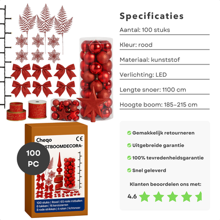 Cheqo® Kerstversiering Set - Rode Kerstdecoratie - Kerstboom Versiering - Kunststof Kerstballen - Luxe Decoratieset - Rode Kerstballen - Kerstboom Verlichting - Warmwitte Led-Lampjes - Onbreekbare Kerstballen