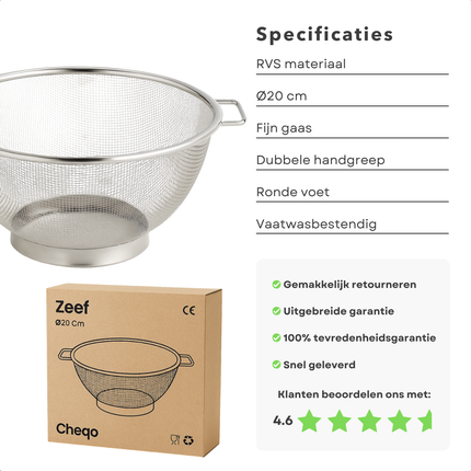 Cheqo® Roestvrij Staal Zeef - RVS Vergiet - Fijne Meshstructuur - Groenten Afgieten - Pasta Spoelen - Fruit Wassen - Compacte Zeef - Functioneel Vergiet - Kleine Vergiet - Zilveren Zeef - Ronde Zeef - Zeef Met Handgrepen - Stabiel Op Aanrecht