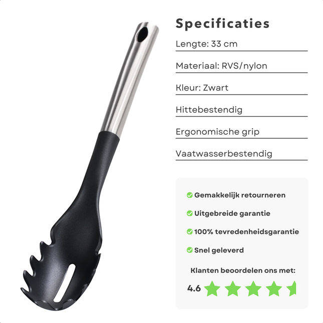 Cheqo® Spaghettilepel - Spaghetti Lepel - Pastalepel - RVS/Nylon - Zwart Keukengerei