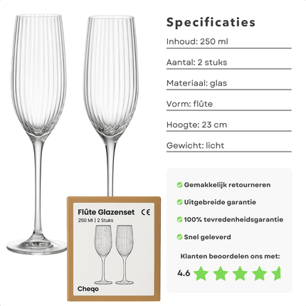 Cheqo® Champagneglazenset - Set Van 2 - 250 Ml Inhoud - Trendy Design - Glaasje Bubbels - Elegant Design - Champagneflûtes - Glazen Voor Champagne - Stijlvolle Glazen - Luxe Uitstraling - Glazen Voor Cava - Champagneglazen
