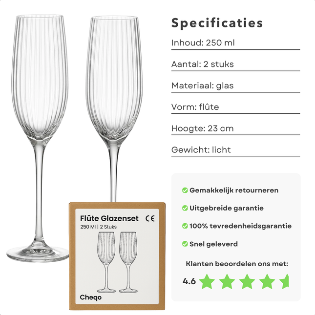 Cheqo® Champagneglazenset - Set Van 2 - 250 Ml Inhoud - Trendy Design - Glaasje Bubbels - Elegant Design - Champagneflûtes - Glazen Voor Champagne - Stijlvolle Glazen - Luxe Uitstraling - Glazen Voor Cava - Champagneglazen