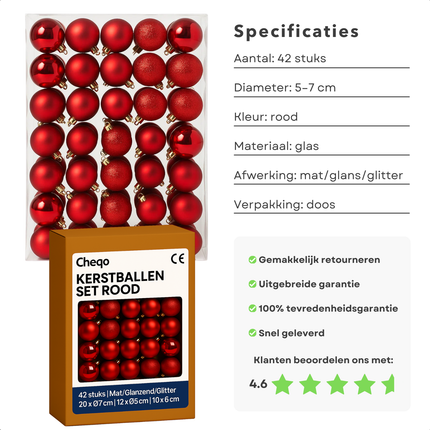 Cheqo® Kerstballen Set - 42 Stuks - Ø7 cm - Rode Kerstballen - Glazen Kerstballen - Kerstboom Decoratie - Matte Kerstballen - Glimmende Kerstballen - Glitter Kerstballen - Trendy En Modern - Warme Uitstraling - Kerstbal Set Rood
