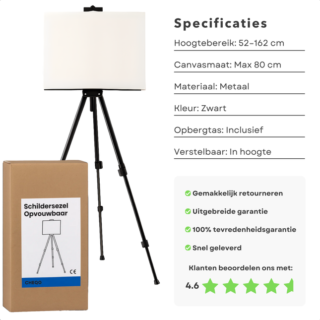 Cheqo® Opvouwbare Schildersezel - In Hoogte Verstelbaar - Met Opbergtas - Metalen Schildersezel - Zwarte Schildersezel - Draagbare Schildersezel - Compacte Schildersezel - Schildersezel Voor Canvas - Kunst Schildersezel