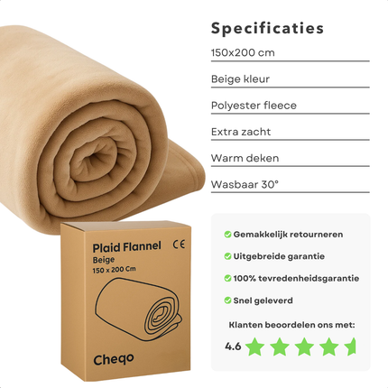 Cheqo® Fleece Deken - Fleece Plaid - 150 X 200 CM - Super Zacht - Polyester Fleece - Wasmachine Wasbaar - Beige Kleur - Tijdloze Elegantie - Duurzaam Materiaal - Bank of Bed - Woondecoratie - Comfortabel en Warm - Eenvoudig Te Reinigen