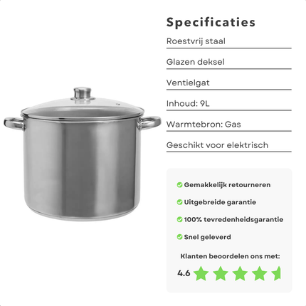 Cheqo® RVS Kookpan 9L - Pan - Soeppan met Glazen Deksel - Geschikt voor Gas en Inductie - Roestvrij Staal
