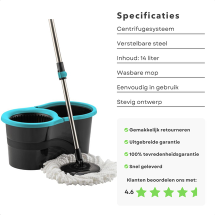 Cheqo® Mopset met Centrifugesysteem - Dweilset - Dweil Set - Vloerwisser - Verstelbare Steel en 14L Emmer - Wasbare Mop - Vloerwisserset