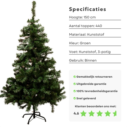 Cheqo® Kunstkerstboom Zilverspar - Kerstboom 150 cm - Veel Toppen - Duurzaam - Kunststof Voet