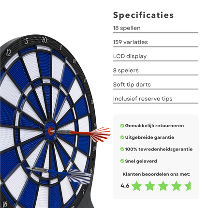 Cheqo® Elektronisch Dartbord - Darten - Dartbord Elektrisch - Inclusief 18 Spellen - LCD Display - Inclusief Darts - Dartpijlen