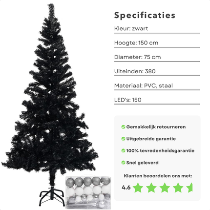 Cheqo® Zwarte Kerstboom - Kunstkerstboom 150 cm - Met LED-Verlichting en Kerstballen - PVC - Energiezuinig