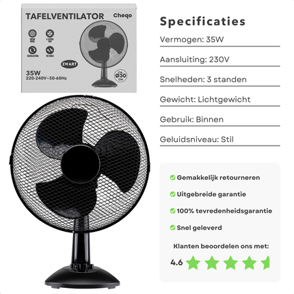 Cheqo® Tafel Ventilator - Bureau Ventilator - Tafelventilator - Airco Alternatief - Stille Aircooler - Zwart - Compact en Krachtig