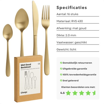 Cheqo® 16-Delige Bestekset - Mat Goud - Roestvrij Staal - Vaatwasserbestendig - Handwas Aanbevolen - Bestekset Voor 4 Personen - Lepels, Messen, Vorken - Tafelbestek - Stijlvolle Afwerking - Hoogwaardige Kwaliteit - Elegant Design
