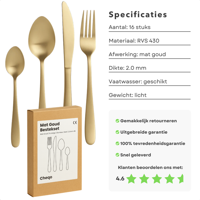Cheqo® 16-Delige Bestekset - Mat Goud - Roestvrij Staal - Vaatwasserbestendig - Handwas Aanbevolen - Bestekset Voor 4 Personen - Lepels, Messen, Vorken - Tafelbestek - Stijlvolle Afwerking - Hoogwaardige Kwaliteit - Elegant Design