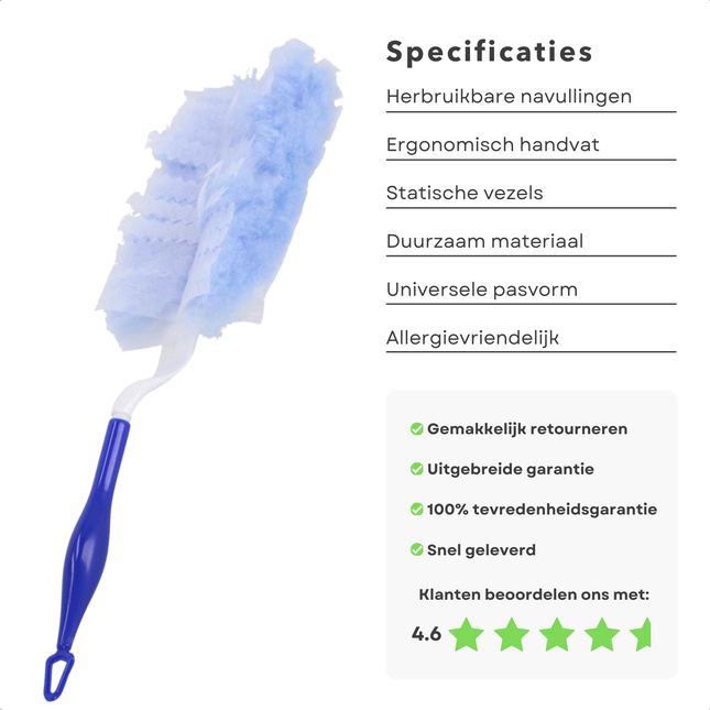 Cheqo® Statische Plumeau Set - Stofborstel - Duset Kit - Duster Set Met 4 Navullingen - Ideaal voor Stofallergie - Universele Pasvorm - Gerecycled Materiaal