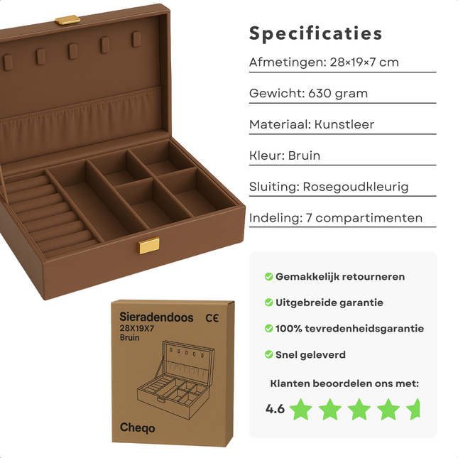 Cheqo® Sieradendoos Kunstleer - Bijouteriedoos - Sieradenkoffer - Juwelendoos - Sieraden Organizer - Bruin - Sieraden Doos - Sieradendoosje Met Kettinghaakjes en Ringklemmen