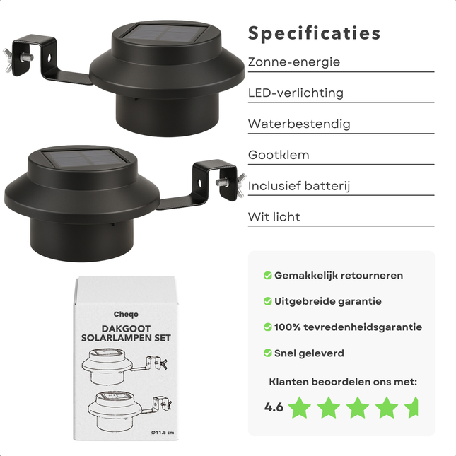 Cheqo® Dakgoot Lamp - Buitenlamp - Buitenverlichting Zonne Energie - Solarlampen Dakgoot - LED Buitenverlichting - Set van 2 - Zonne-energie - Waterdicht